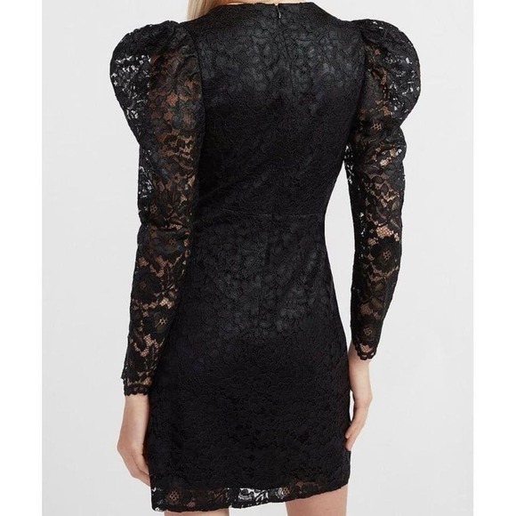 New Express Lace Puff Sleeve Fit And Flare Dress Size 0 Retail $98 Color black - Picture 4 of 8